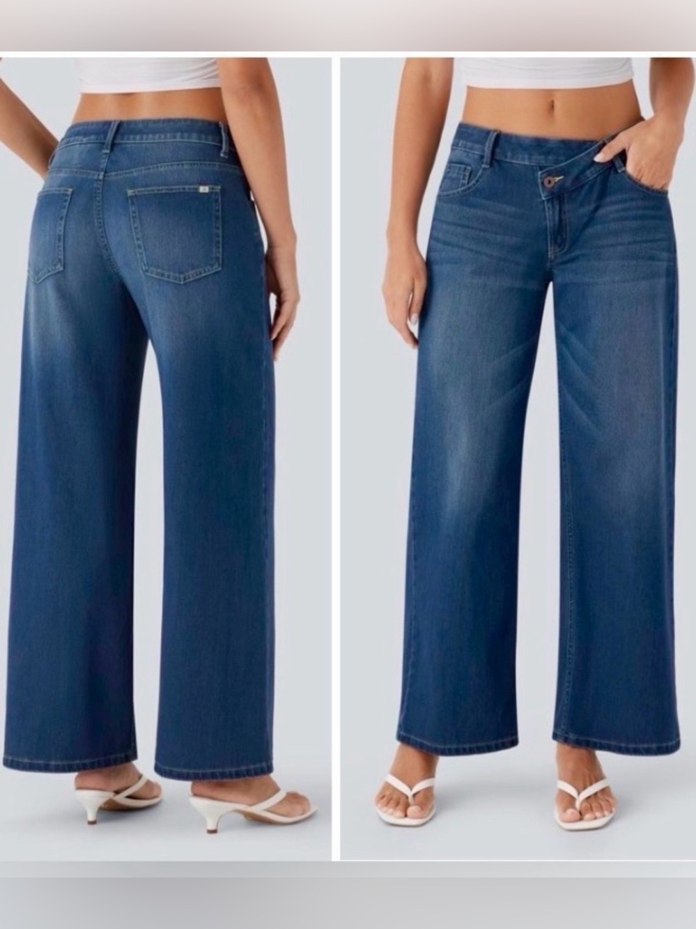 Halara Flex Denim Asymmetric Low Rise Button Zip Wide Leg Jeans Womens Large